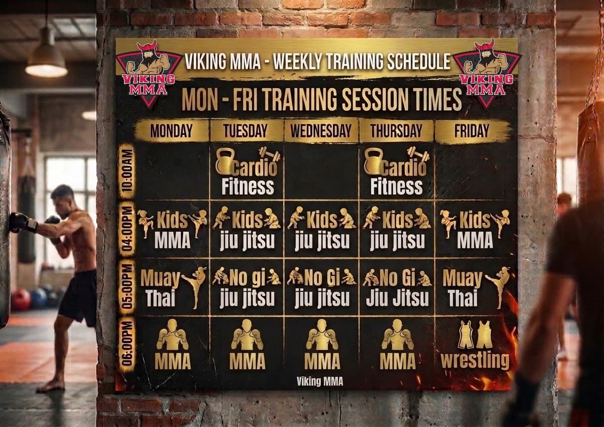 The weekly training schedule board on the wall at Viking MMA, San Remo
